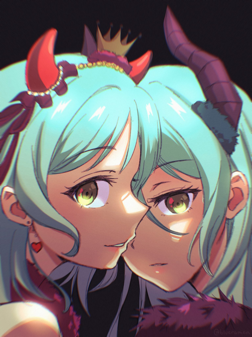 2girls aqua_hair bang_dream! commentary crown demon_horns earrings green_eyes hair_between_eyes halloween headdress heart heart_earrings hiding hiding_behind_another highres hikawa_hina hikawa_sayo horns imminent_kiss incest jewelry long_hair looking_at_viewer looking_back multiple_girls naughty_face profile siblings signature sisters smile symbol-only_commentary twincest twins xin_(blueramen) yuri