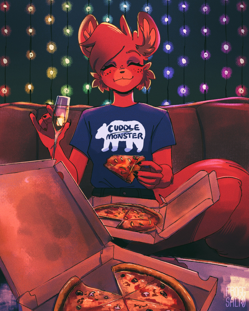 absurd_res alcohol anthro beverage champagne chinchilla chinchillid clothing cozy date eyes_closed female food froggsalt fur furniture hi_res lights mammal pajamas pizza pizza_box rainbow red_body red_fur rodent shirt smile sofa solo solo_focus t-shirt topwear