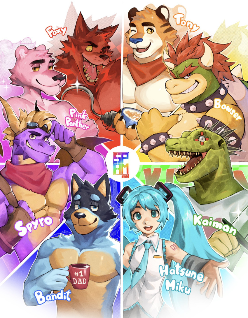 1girl 6+boys artist_logo bandit_(bluey) bara bluey bowser caiman_(dorohedoro) color_wheel_challenge cup dorohedoro fangs five_nights_at_freddy's foxy_(fnaf) frosted_flakes furry furry_male furry_with_furry furry_with_non-furry goggles goggles_on_head hatsune_miku highres holding holding_cup holding_goggles hook_hand interspecies looking_at_viewer mario_(series) multiple_boys one_eye_closed open_mouth short_twintails spamagotchi sparkle spyro_(series) spyro_the_dragon super_mario_bros._1 the_pink_panther the_pink_panther_(character) thumbs_up tony_the_tiger twintails vocaloid