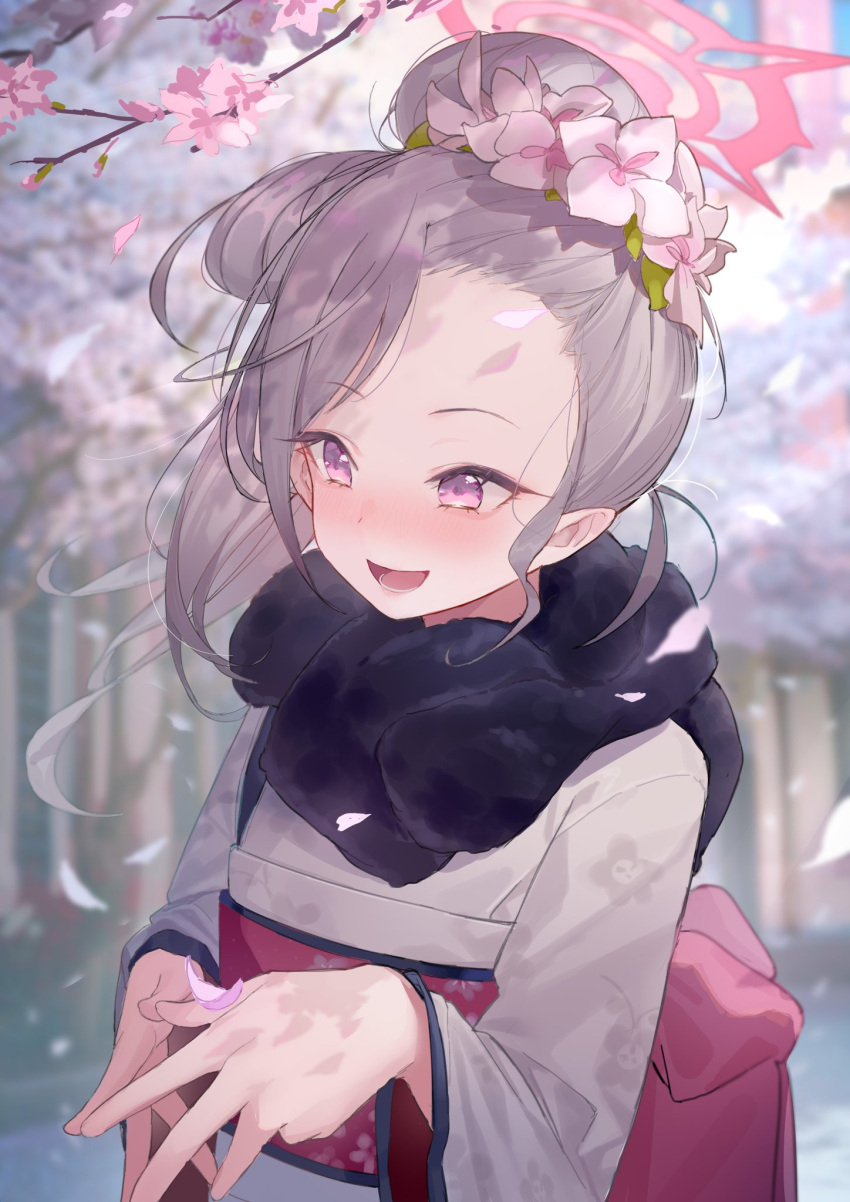 1girl blue_archive cherry_blossoms flower fur_scarf grey_hair grey_kimono hair_bun hair_flower hair_ornament halo highres japanese_clothes kimono long_hair looking_to_the_side maotoutui mutsuki_(blue_archive) mutsuki_(new_year)_(blue_archive) obi open_mouth outdoors own_hands_together petals pink_flower pointy_ears sash single_hair_bun smile solo steepled_fingers tree upper_body