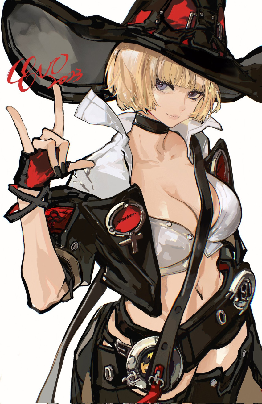 1girl 2023 belt black_gloves black_nails black_thighhighs blonde_hair bob_cut breasts choker cleavage collarbone crop_top dated found_modori glasses gloves guilty_gear guilty_gear_strive hand_gesture hat highres i-no large_breasts midriff mole mole_above_mouth mole_under_eye nail_polish navel one_eye_closed simple_background sitting solo standing stomach thighhighs thighs white_background witch_hat