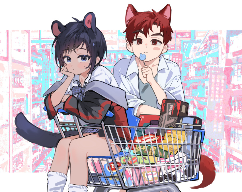 1boy 1girl absurdres animal_ears bag black_hair bow bowtie candy closed_mouth collared_shirt food highres holding holding_candy holding_food holding_lollipop jacket lollipop long_sleeves looking_at_viewer off_shoulder open_clothes open_jacket original pleated_skirt red_eyes red_hair shirt shop shopping_cart short_hair sitting skirt socks tail thick_eyebrows timy white_shirt white_socks