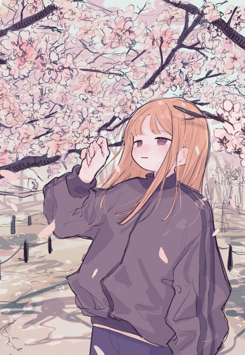 1girl absurdres black_jacket blush brown_eyes cherry_blossoms commentary_request day half-closed_eyes highres jacket long_hair long_sleeves orange_hair original outdoors parted_lips petals solo track_jacket tree yunoki_itsugu