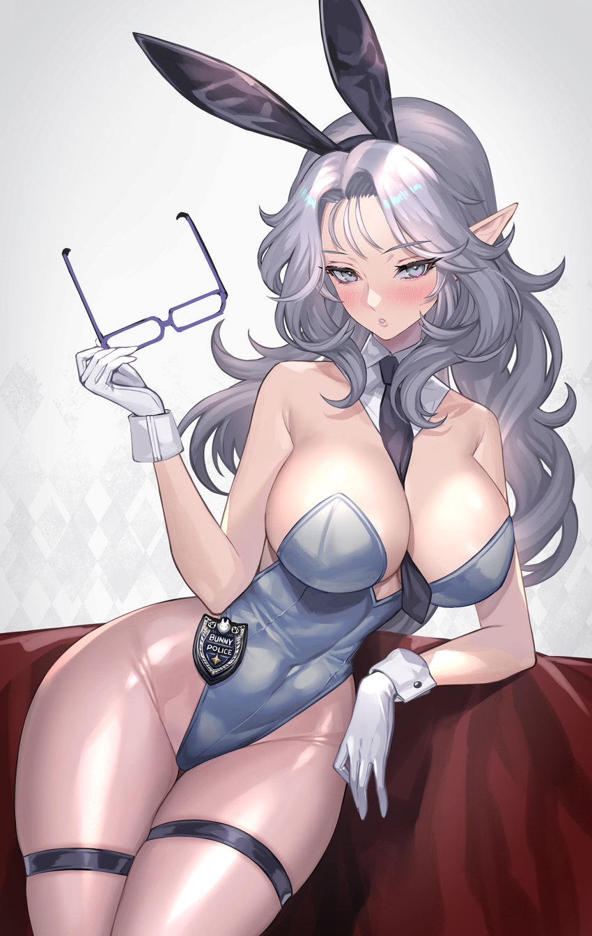 1girl :o animal_ears arm_support badge bare_shoulders between_breasts blush breasts cleavage cleavage_cutout clothing_cutout covered_navel detached_collar elf eyewear_removed fake_animal_ears glasses gloves grey_leotard highleg highleg_leotard highres hitowa holding holding_removed_eyewear leotard looking_at_viewer necktie original pantyhose playboy_bunny pointy_ears police_badge rabbit_ears solo white_background white_gloves