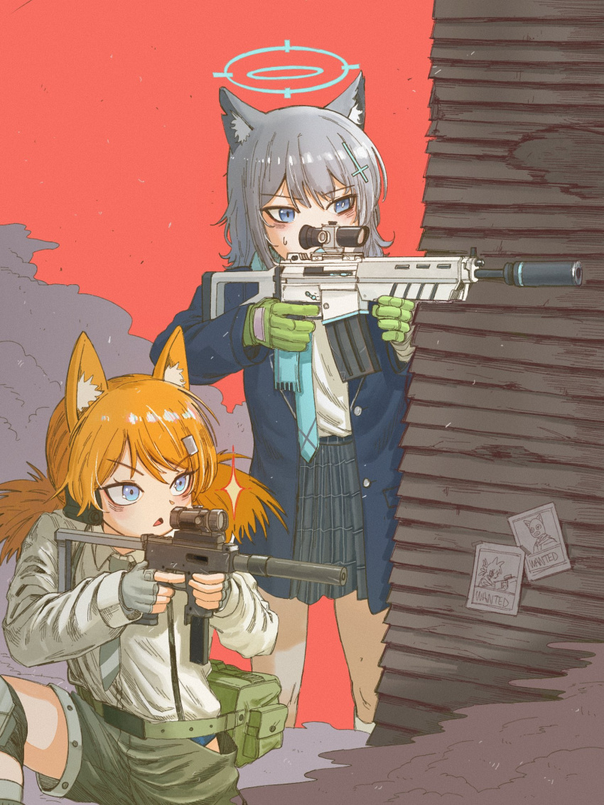 2girls aiming animal_ear_fluff animal_ears assault_rifle backpack bag belt black_jacket black_skirt blazer blue_archive blue_eyes blue_necktie blue_scarf cat_ears cat_girl collared_shirt commentary cross_hair_ornament crossover english_commentary girls'_frontline grey_hair gun hair_between_eyes hair_ornament hairclip halo headset highres holding holding_gun holding_weapon idw_(girls'_frontline) jacket knee_pads kneeling long_hair long_sleeves looking_away medium_hair mismatched_pupils multiple_girls necktie open_clothes open_jacket orange_hair parker-hale_idw parted_lips plaid plaid_skirt pleated_skirt powerdman rifle scarf school_uniform shiroko_(blue_archive) shirt shorts sidelocks sig_sauer_556 simple_background skirt suspender_shorts suspenders sweat taking_cover triangle_mouth weapon white_shirt wolf_ears wolf_girl