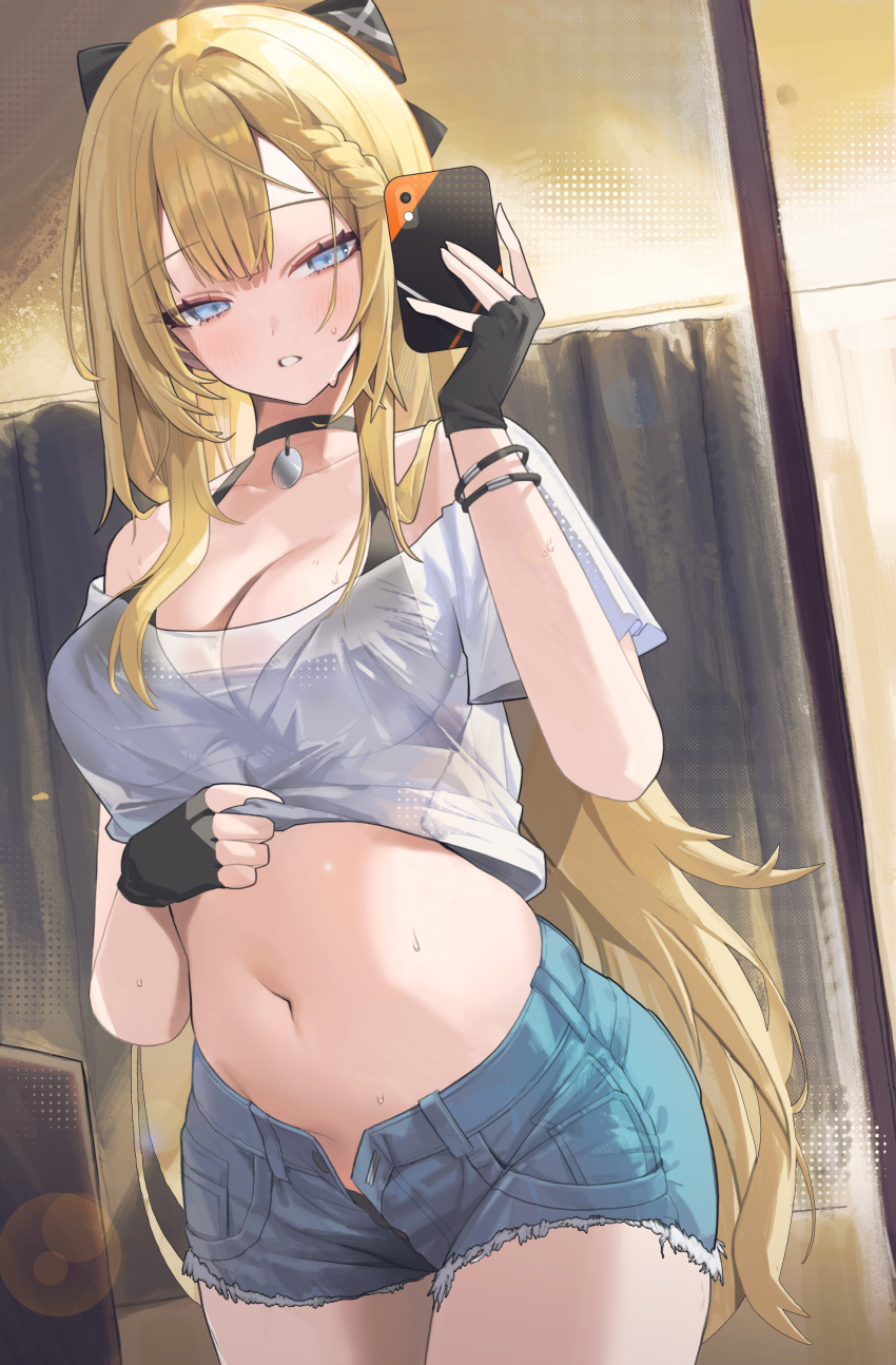 1girl absurdres bare_shoulders black_choker blonde_hair blue_eyes bra_strap braid breasts cellphone choker cleavage commentary cowboy_shot crop_top cutoffs denim denim_shorts highres holding holding_phone large_breasts long_hair looking_at_viewer midriff navel off-shoulder_shirt off_shoulder open_fly original parted_lips phone rima_(0136) shirt short_shorts short_sleeves shorts smartphone solo standing stomach symbol-only_commentary very_long_hair white_shirt