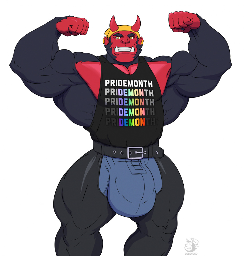 anthro ape asian_mythology barazoku belt_buckle big_biceps big_bulge black_body black_clothing black_fur black_shirt black_topwear bulge buzzybub clothing demon ear_piercing ear_ring east_asian_mythology fangs flexing flexing_both_biceps fur gorilla haplorhine hi_res horn huge_bulge japanese_mythology lgbt_pride male mammal meme muscular muscular_arms muscular_male muscular_thighs mythology oni pecs piercing pride_color_clothing pride_colors primate red_body red_fur ring_piercing shirt solo teeth thick_thighs topwear yokai