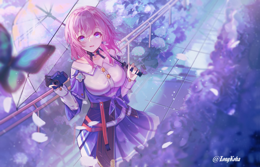 1girl absurdres artist_name blue_eyes blue_skirt breasts bug butterfly camera falling_petals flower highres holding holding_camera holding_umbrella honkai:_star_rail honkai_(series) hydrangea kohaku_komeiji large_breasts long_sleeves march_7th_(honkai:_star_rail) medium_hair open_mouth petals shirt skirt smile solo umbrella white_shirt