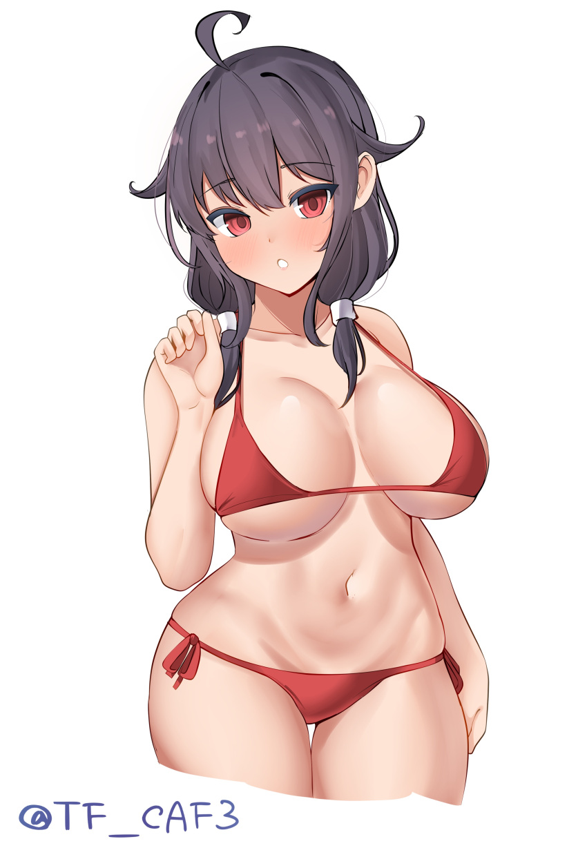 1girl absurdres ahoge bikini breasts hair_flaps highres kantai_collection large_breasts low_twintails lowleg lowleg_bikini parted_lips purple_hair red_bikini red_eyes side-tie_bikini_bottom simple_background solo swimsuit taigei_(kancolle) tf_cafe thigh_gap twintails twitter_username white_background