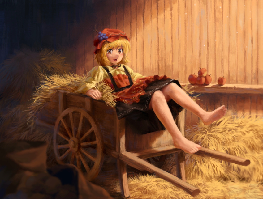 1girl :d aki_minoriko apple ascot barefoot black_skirt blonde_hair commentary food fruit full_body grapes hay highres long_sleeves open_mouth red_ascot red_eyes red_headwear satellitedragon short_hair skirt smile solo touhou wheelbarrow