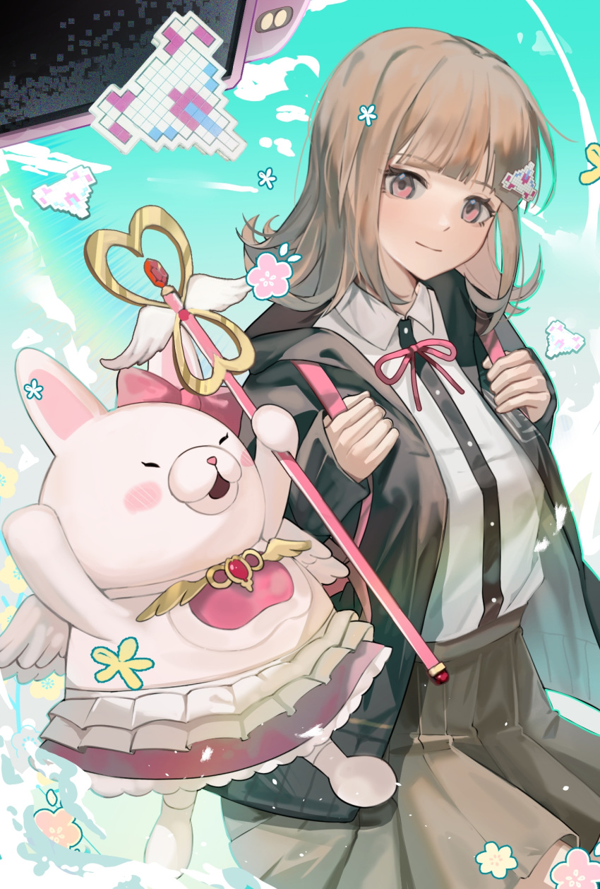 1girl bag breasts brown_hair closed_mouth collared_shirt danganronpa_(series) danganronpa_2:_goodbye_despair flipped_hair galaga hair_ornament hair_ornament_removed hands_up highres holding_strap hood jacket keda_(3232450781) long_sleeves looking_at_viewer medium_hair nanami_chiaki neck_ribbon pink_eyes ribbon shirt shirt_tucked_in skirt smile spaceship_hair_ornament usami_(danganronpa) white_shirt