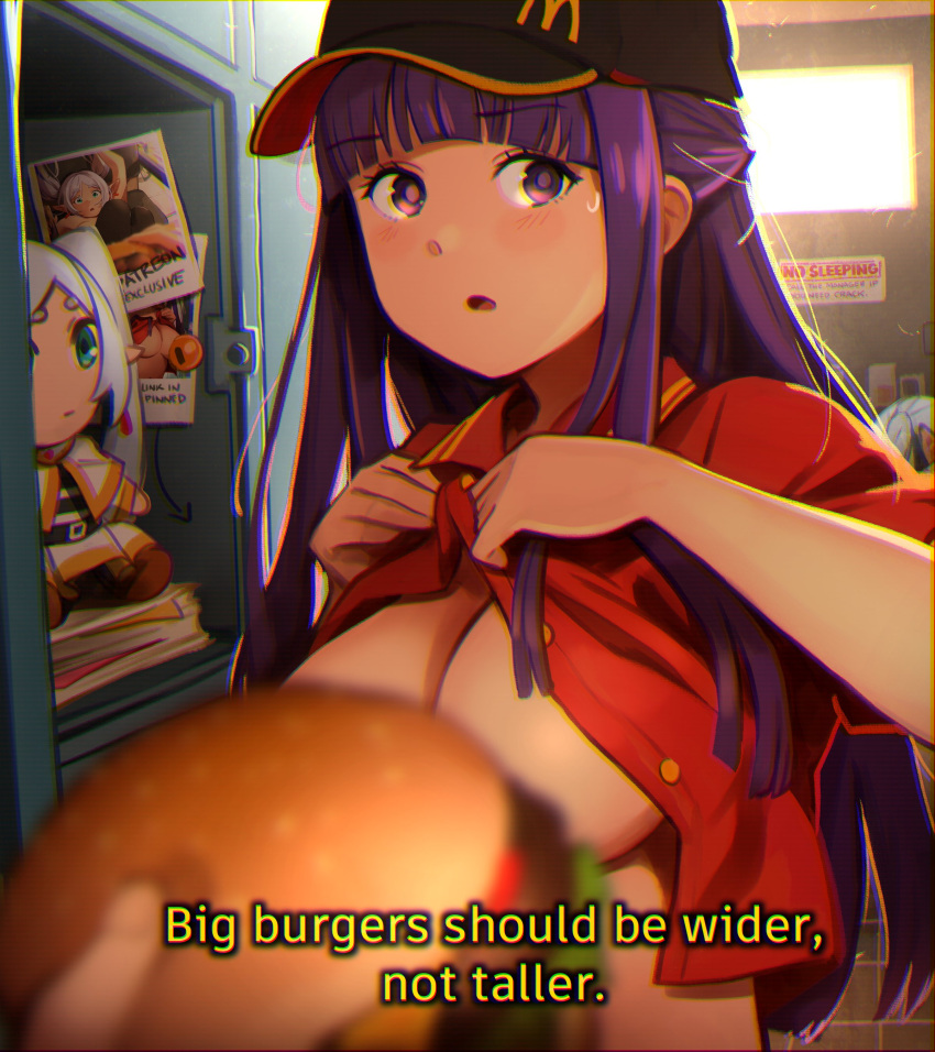 1other 2girls absurdres baseball_cap blunt_bangs blurry blurry_foreground blush breasts burger character_doll convenient_censoring english_text fern_(sousou_no_frieren) food frieren green_eyes grey_hair hat highres khyle. long_hair looking_at_viewer mcdonald's multiple_girls open_mouth pov pov_hands purple_eyes purple_hair solo_focus sousou_no_frieren subtitled sweatdrop