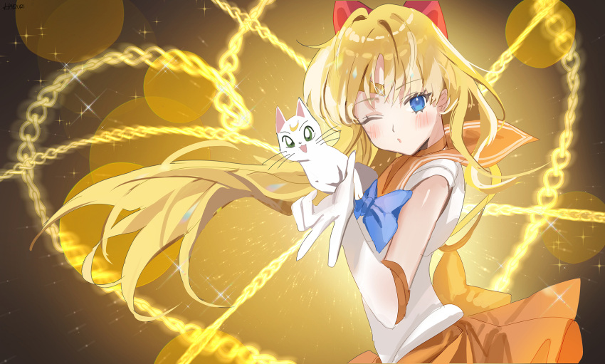 1girl aino_minako bishoujo_senshi_sailor_moon blonde_hair blue_bow blue_eyes blush bow cat chain circlet commentary_request elbow_gloves floating_hair from_side gloves hair_bow hand_up haruri highres long_hair looking_at_viewer looking_to_the_side one_eye_closed orange_sailor_collar orange_skirt parted_lips pleated_skirt red_bow sailor_collar sailor_moon shirt short_sleeves skirt very_long_hair white_cat white_gloves white_shirt