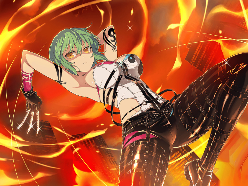 1girl arm_tattoo armpits arms_up belt between_fingers black_gloves breasts cityscape cleavage closed_mouth covered_navel fighting_stance fire gloves green_hair highres hikage_(senran_kagura) holding holding_knife jumping knife knives_between_fingers large_breasts leather leather_pants medium_hair multiple_belts official_art pants senran_kagura senran_kagura_new_link tattoo throwing_knife weapon yellow_eyes