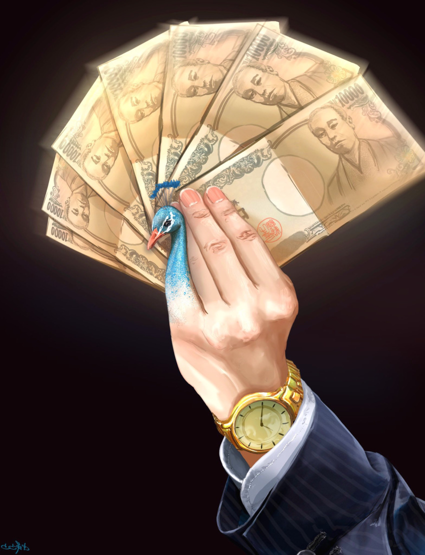 banknote bird black_background commentary_request fingernails highres holding holding_money long_sleeves money original out_of_frame peacock signature simple_background utsusemi_rari watch wristwatch yen