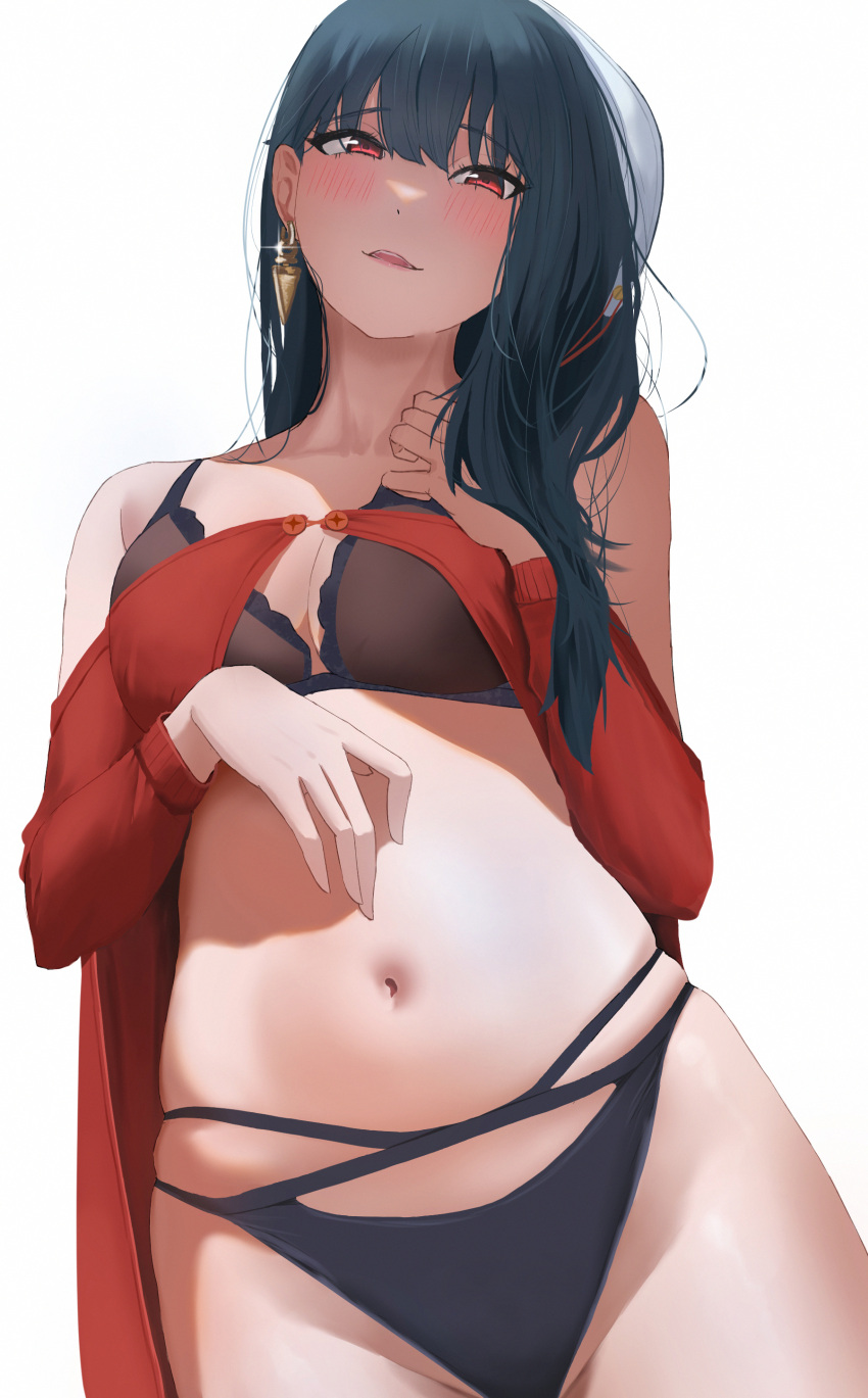 1girl absurdres black_bra black_hair black_panties blush bra breasts cleavage clisapex clothes_pull earrings from_below gold_earrings hair_down hairband_removed hand_up highres jewelry long_hair long_sleeves looking_at_viewer looking_down medium_breasts navel panties parted_lips red_eyes shirt_pull simple_background skindentation solo spy_x_family stomach underwear white_background yor_briar