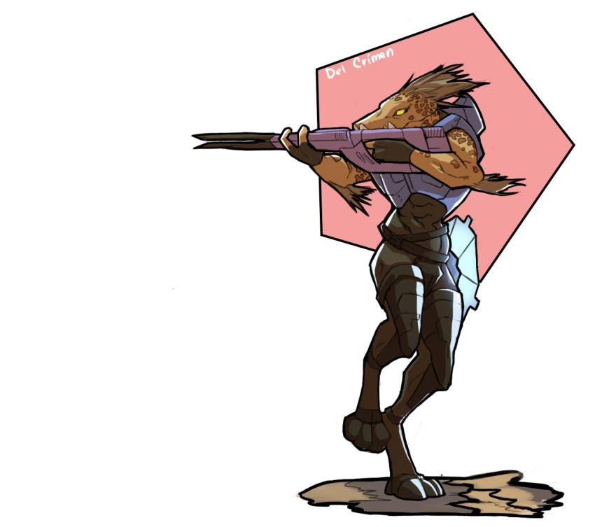 3_fingers 3_toes aiming_gun aiming_weapon alien ambiguous_gender anthro arm_quills arm_tuft armor brown_quills clothing crimenes digitigrade fangs feet fingers gun halo_(series) head_crest holding_gun holding_object holding_ranged_weapon holding_weapon ibie'shan kig-yar microsoft quill_hair quills raised_leg ranged_weapon scales scalie shield simple_background solo standing teeth tight_clothing toes tuft weapon xbox_game_studios yellow_eyes
