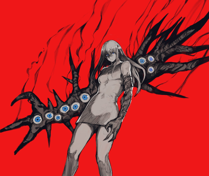 1girl arms_at_sides artist_name bare_shoulders blue_eyes breasts colored_skin dress extra_eyes feet_out_of_frame hair_between_eyes highres long_hair medium_breasts mutant original red_background simple_background yourfreakyneighbourh