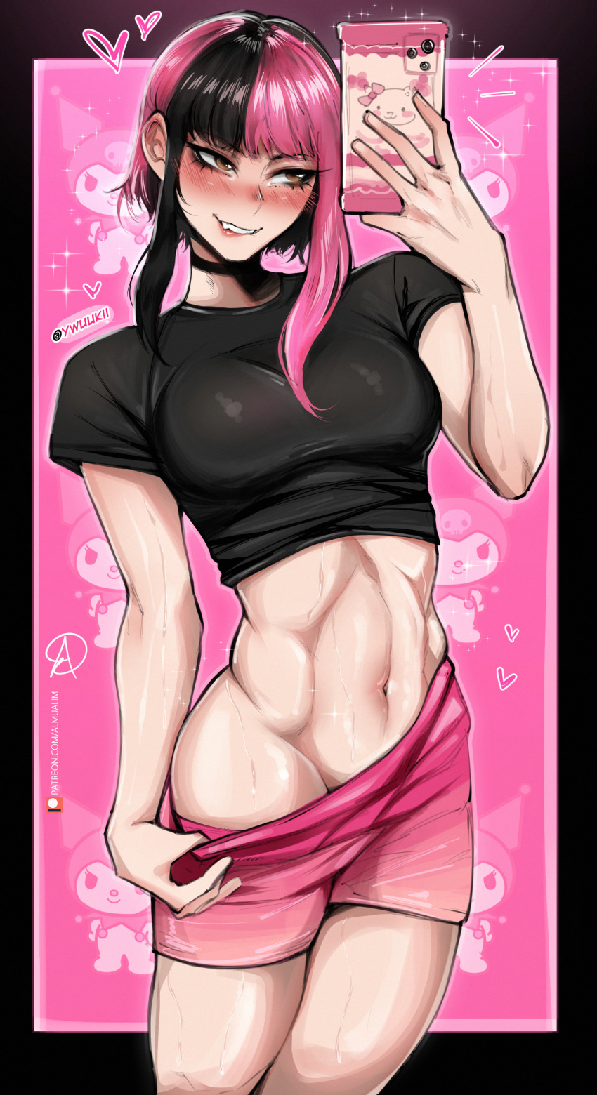 1girl abs absurdres almualim artist_name biting black_choker black_hair black_shirt blush breasts cellphone choker clothes_pull highres holding holding_phone kuromi lip_biting looking_at_phone midriff multicolored_hair muscular muscular_female navel original parted_lips patreon_username phone pink_hair pink_shorts sanrio selfie shirt short_hair short_shorts shorts shorts_pull simple_background smartphone smile solo sweat two-tone_hair