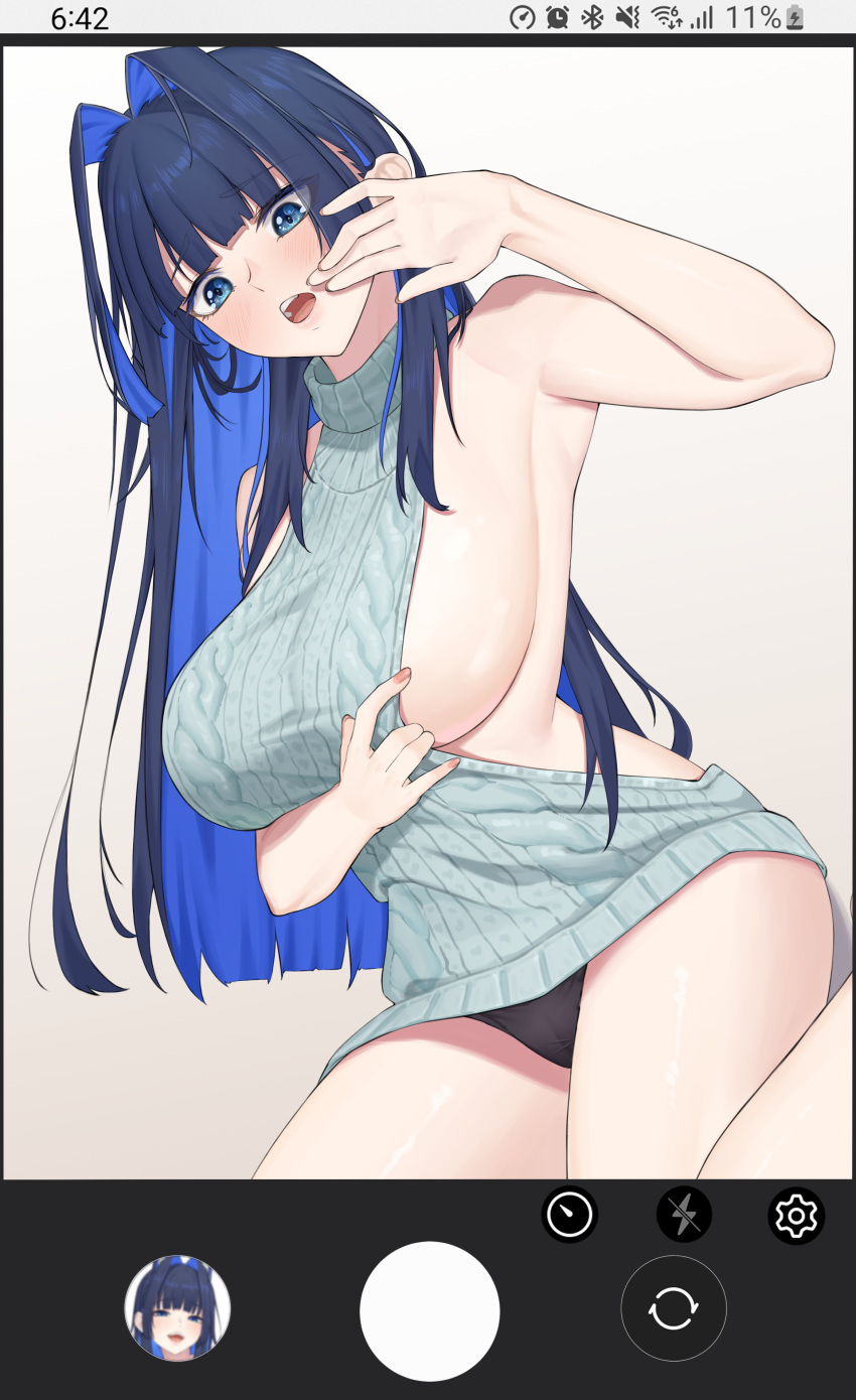 1girl absurdres bangom_r bare_shoulders black_hair black_panties blue_eyes blue_hair blunt_bangs blush breasts colored_inner_hair hair_intakes hand_up highres hololive hololive_english large_breasts long_hair meme_attire multicolored_hair open_mouth ouro_kronii panties phone_screen sideboob simple_background thighs timestamp underwear very_long_hair virgin_killer_sweater virtual_youtuber white_background