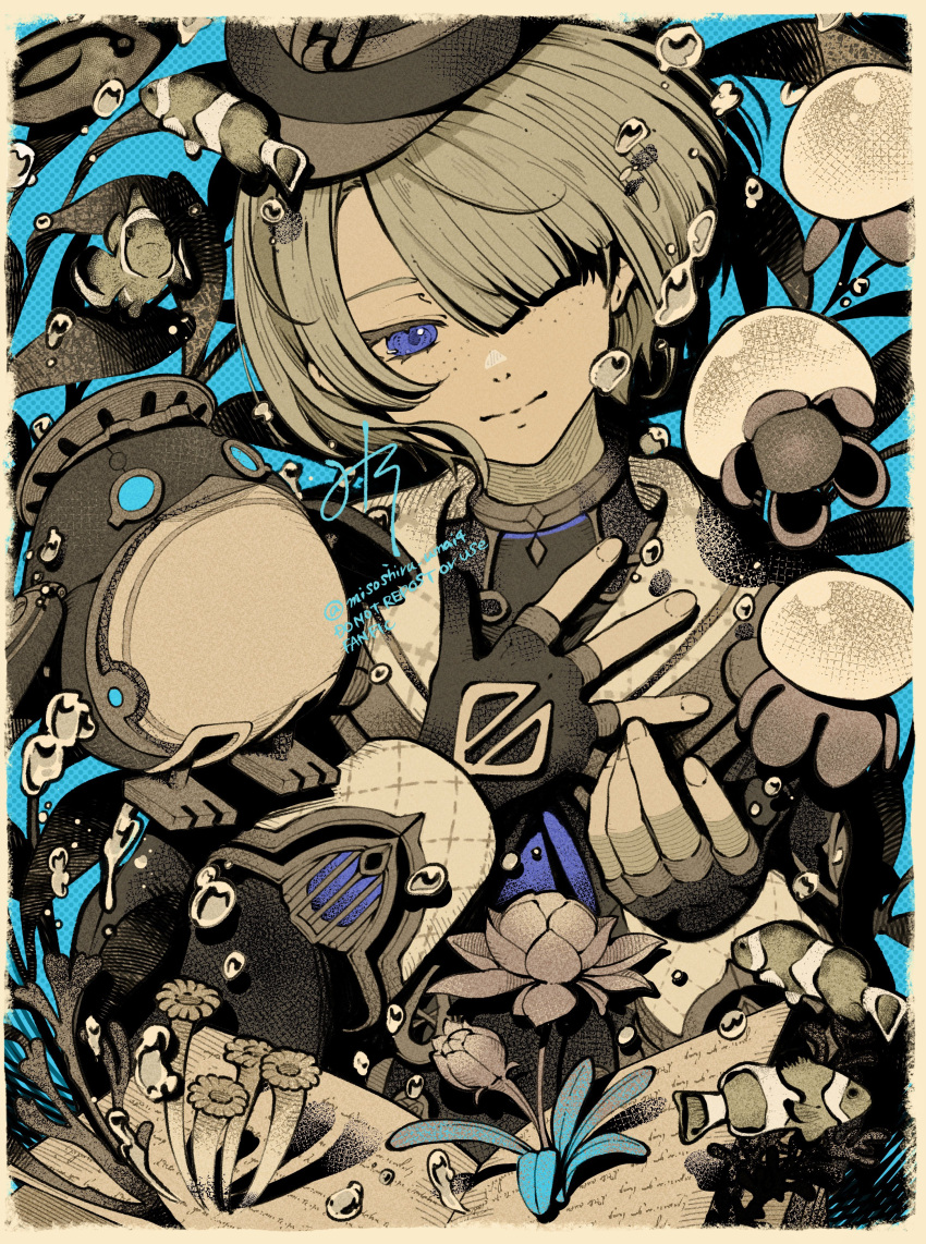 1boy absurdres air_bubble artist_name black_gloves black_headwear black_jacket blonde_hair blue_background blue_eyes book border bubble closed_mouth clownfish coral eyelashes fingerless_gloves fish flower freckles freminet_(genshin_impact) genshin_impact gloves gold_trim hair_over_one_eye hands_up hat highres jacket jellyfish long_sleeves male_focus misoshiru_umai4 non-humanoid_robot one_eye_covered open_book parted_bangs pers_(genshin_impact) plant robot robot_animal romaritime_flower sea_anemone short_hair signature simple_background sleeve_cuffs smile solo twitter_username upper_body watermark white_border