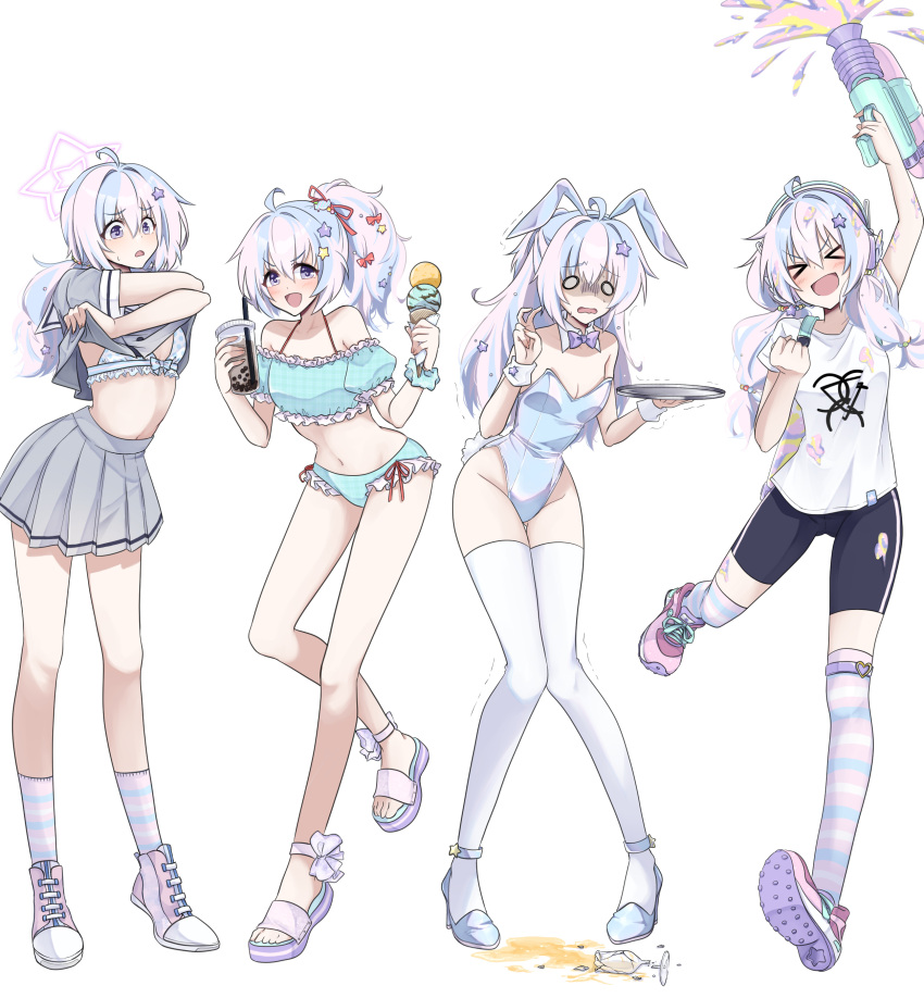 &gt;_&lt; 1girl absurdres ahoge bent_v bike_shorts bikini blue_archive blue_hair broken_cup frilled_bikini frills grey_serafuku half_updo halo highres holding holding_tray light_blue_hair looking_at_viewer multicolored_hair multiple_persona pink_hair playboy_bunny ponytail reisa_(blue_archive) school_uniform serafuku simple_background streaked_hair swimsuit tray turn_pale twintails undressing v white_background wrist_cuffs yoru0409