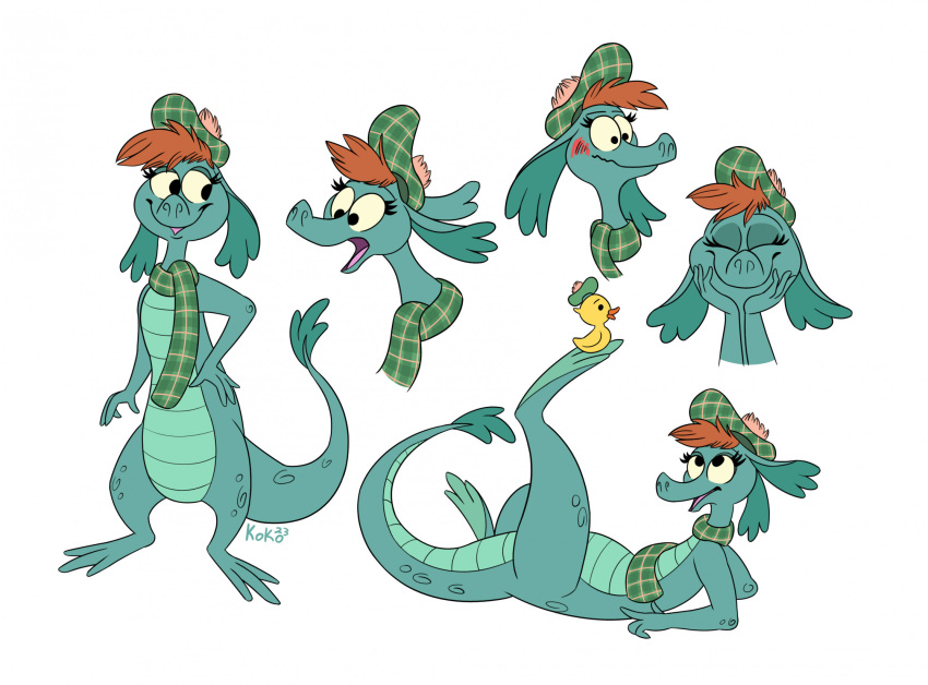 anthro blush clothing disney eyelashes feet female floppy_ears hair hand_on_hip hat headgear headwear hi_res loch_ness_monster lying marine nessie_(disney) on_back orange_hair playful queenkoko scalie scarf sketch_page smile solo surprised_expression