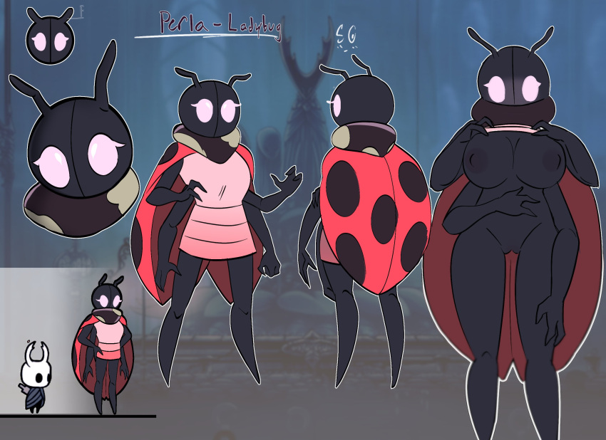 2023 4_arms antennae_(anatomy) anthro arthropod beetle big_breasts black_body breasts clothed clothing cucujoid duo fan_character fecharis female genitals hi_res hollow_knight insect ladybug model_sheet multi_arm multi_limb nipples non-mammal_breasts non-mammal_nipples nude pussy solo solo_focus souley69 spots team_cherry the_knight_(hollow_knight)