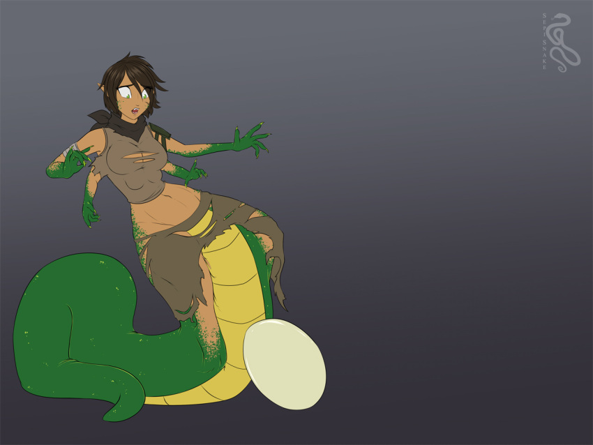 2023 4:3 4_arms 4_breasts apode arm_growth breast_growth breasts clothing draconcopode egg female green_body green_scales growth hair human_to_humanoid lamia legless limb_growth multi_arm multi_breast multi_limb navel reptile scales scalie sepisnake serpentine simple_background snake solo species_transformation split_form surprise torn_clothing transformation