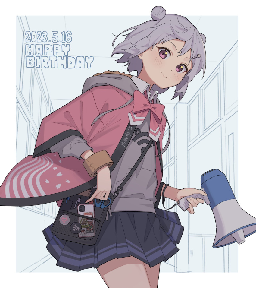 1girl bag blush border bow bowtie cellphone cevio closed_mouth collared_shirt commentary_request cowboy_shot dated double_bun floating_hair grey_hair grey_hoodie hair_bun hair_ornament hairclip hallway hanten_(clothes) happy_birthday highres holding holding_megaphone hood hood_down hoodie jacket koharu_rikka looking_at_viewer megaphone minatsuki_(m1natsuk1) open_clothes open_jacket outside_border partially_colored phone pink_bow pink_bowtie pink_jacket pleated_skirt purple_eyes school school_uniform scissors shirt short_hair shoulder_bag skirt smartphone smile solo synthesizer_v tape white_border wifi_symbol