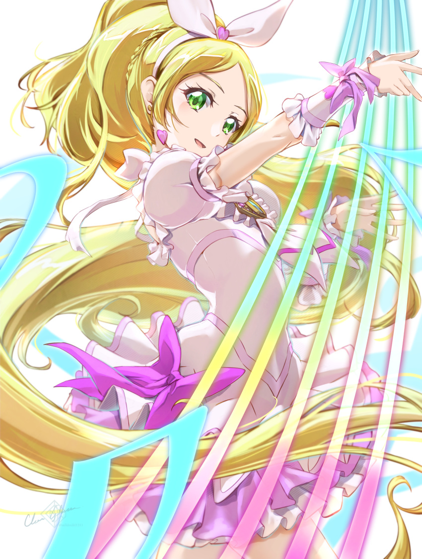 1girl blonde_hair bow brooch choker clear_glass_(mildmild1311) cowboy_shot cure_rhythm dress earrings green_eyes harp highres instrument jewelry long_hair magical_girl minamino_kanade open_mouth pink_bow precure puffy_short_sleeves puffy_sleeves short_sleeves smile solo suite_precure white_background white_choker white_dress