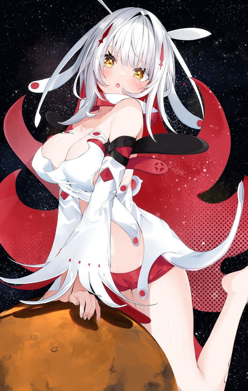 1girl absurdres barefoot blush breasts cleavage collar dress highres kamioka_shun'ya large_breasts light_blush looking_at_viewer mars_(planet) open_mouth original red_shorts short_shorts shorts solo space star_(sky) star_(symbol) star_in_eye symbol_in_eye thighs white_dress white_hair white_sleeves