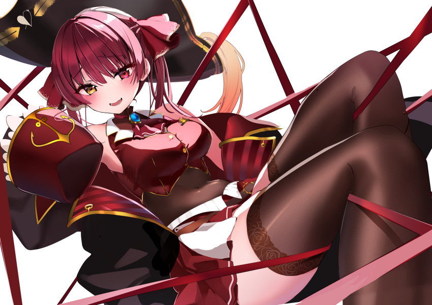 1girl arrow_through_heart ascot bare_shoulders bicorne black_headwear black_jacket black_thighhighs blush bow breasts brooch commentary_request covered_navel hair_between_eyes hair_ribbon hat heart heterochromia highres hololive houshou_marine jacket jewelry lace-trimmed_legwear lace_trim large_breasts leotard leotard_under_clothes long_hair long_sleeves looking_at_viewer midriff nervous off_shoulder open_mouth pirate_hat red_ascot red_eyes red_hair red_ribbon red_skirt ribbon shirt simple_background sitting skirt smile solo thighhighs thighs twintails virtual_youtuber white_background yellow_eyes yoshioka_pochi