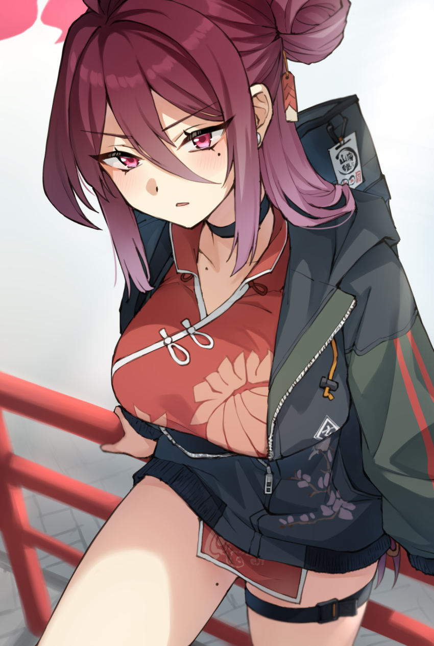 1girl against_railing black_choker blue_archive blush breasts china_dress chinese_clothes choker collarbone dress hair_between_eyes hair_bun halo highres jacket large_breasts letterman_jacket mole mole_on_chest mole_on_leg mole_under_eye partially_unzipped pink_eyes railing red_hair reizyo_(blue_archive) single_side_bun solo somechime_(sometime1209) thigh_strap