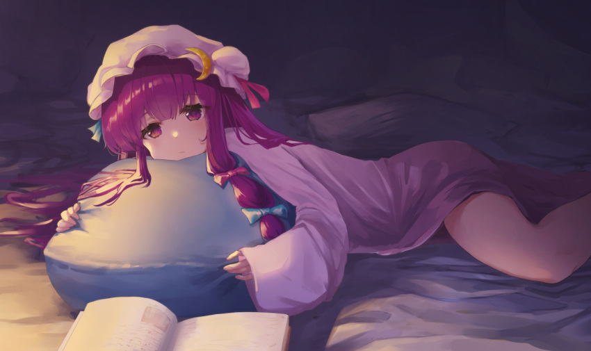 1girl blue_bow book bow crescent crescent_hat_ornament dress hair_bow hat hat_ornament long_hair long_sleeves menotoa mob_cap open_book patchouli_knowledge purple_dress purple_eyes purple_hair sidelocks solo touhou white_headwear
