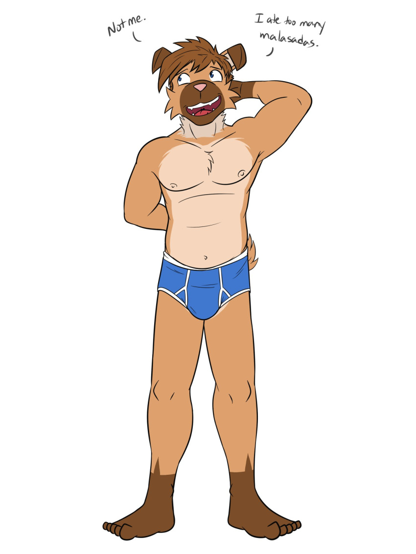 anthro anthrofied briefs briefs_only bulge clothed clothing dialogue english_text full-length_portrait fuze generation_7_pokemon hand_behind_back hand_behind_head hi_res male navel nintendo nipples pokemon pokemon_(species) pokemorph portrait ricky_(fuze) rockruff simple_background solo text topless underwear underwear_only white_background