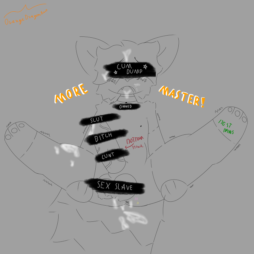 absurd_res anthro armwear balls big_balls big_penis big_tail blush bodily_fluids body_writing canid canine clothing collar cum cum_in_ass cum_in_mouth cum_inside cum_on_face cum_on_leg foot_fetish fox genital_fluids genitals hi_res humiliation inflation legwear male male/male mammal open_mouth orangedragonfruit penis shaking solo tail text thigh_highs