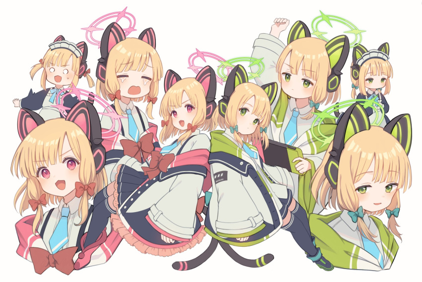 2girls alternate_costume animal_ear_headphones animal_ears aqua_bow aqua_necktie arm_up black_skirt black_thighhighs blonde_hair blue_archive bow cat_tail closed_mouth collared_shirt commentary_request crying fake_animal_ears green_halo hair_bow halo headphones highres long_sleeves maid maid_headdress marekamico midori_(blue_archive) midori_(maid)_(blue_archive) momoi_(blue_archive) momoi_(maid)_(blue_archive) multiple_girls necktie o_o open_mouth pink_halo red_bow shirt short_hair siblings simple_background sisters skirt smile tail thighhighs twins white_background white_shirt wide_sleeves