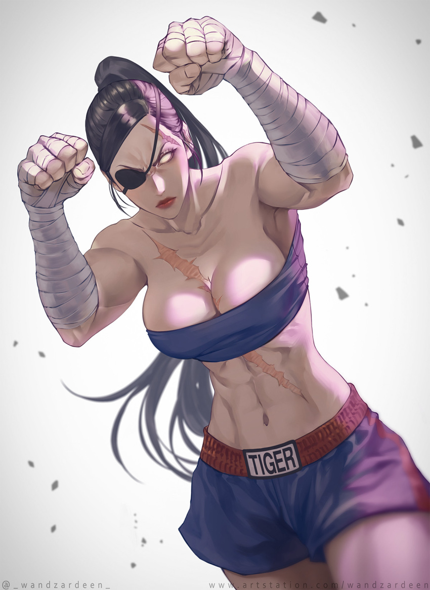 1girl artist_name bandages bare_shoulders black_hair blank_eyes breasts cleavage clenched_hands closed_mouth collarbone english_text eyepatch fighting_stance frown genderswap genderswap_(mtf) highres large_breasts long_hair looking_at_viewer midriff muay_thai navel ponytail red_lips sagat scar scar_on_chest scar_on_face scar_on_forehead simple_background solo street_fighter twitter_username wandzardeen web_address