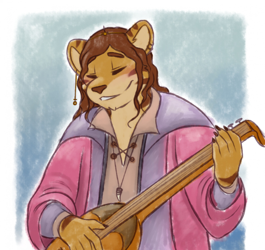 anthro bard brown_hair claws clothed clothing curled_hair digital_media_(artwork) felid feline felis fingers fur gabe_(mytigertail) guitar hair hi_res holding_object long_hair lute male male/male mammal medieval medieval_clothing medieval_style musical_instrument mytigertail open_mouth overweight overweight_anthro overweight_male pantherine plucked_string_instrument rpg_world simple_background slightly_chubby smile solo string_instrument tiger