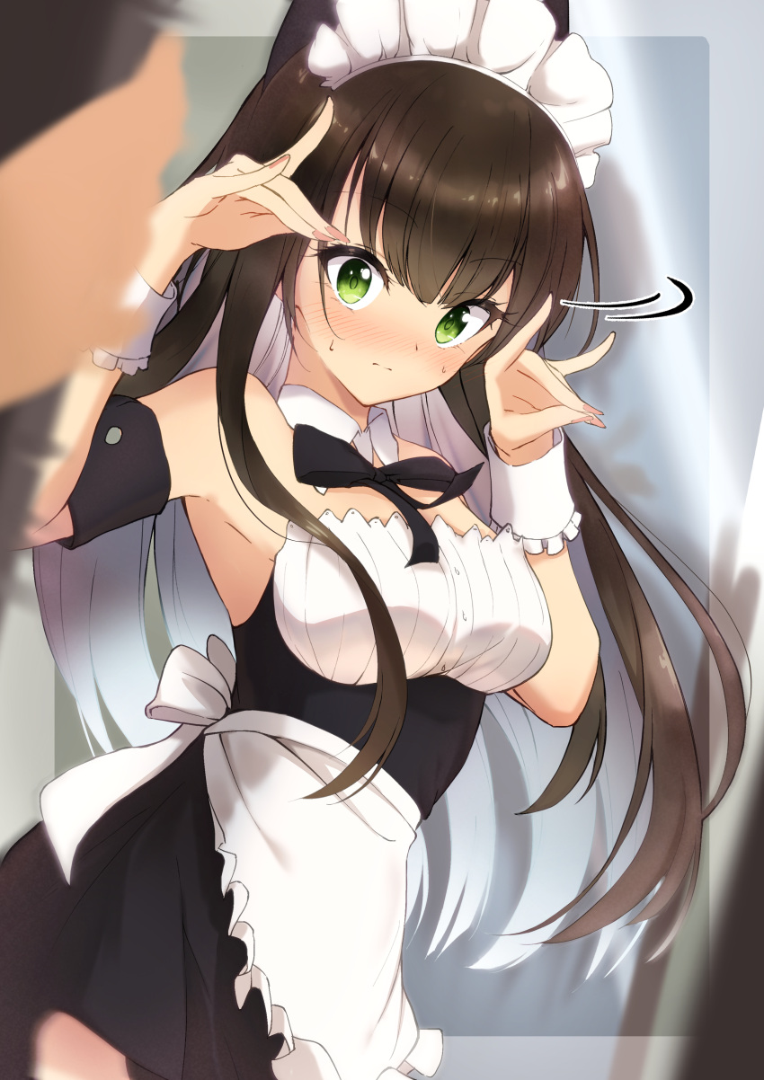 1girl 1other absurdres apron arm_strap black_ribbon blush breasts brown_hair closed_mouth colored_inner_hair commentary_request detached_collar floating_hair green_eyes highres kootee-on large_breasts long_hair maid_headdress multicolored_hair neck_ribbon ribbon solo_focus sweatdrop tatsumi_kon two-tone_hair urara_meirochou very_long_hair waist_apron white_apron white_hair wing_collar wrist_cuffs