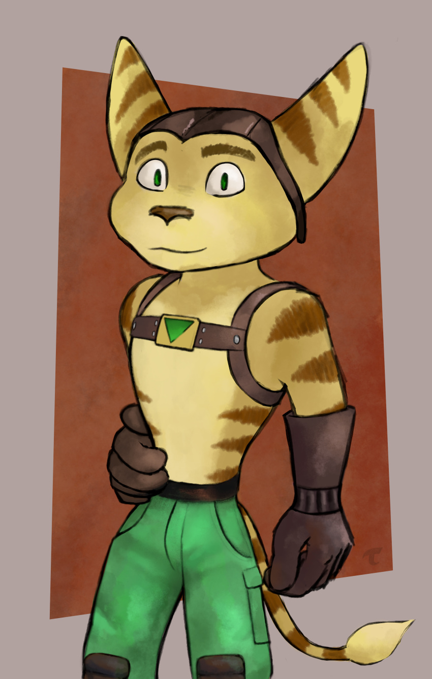 abstract_background absurd_res anthro brown_body brown_fur clothed clothing digital_media_(artwork) fur gloves handwear harness hat headgear headwear hi_res lombax looking_at_viewer male mammal portrait ratchet ratchet_and_clank smile solo sony_corporation sony_interactive_entertainment stripes tail tail_tuft tuft tuubi