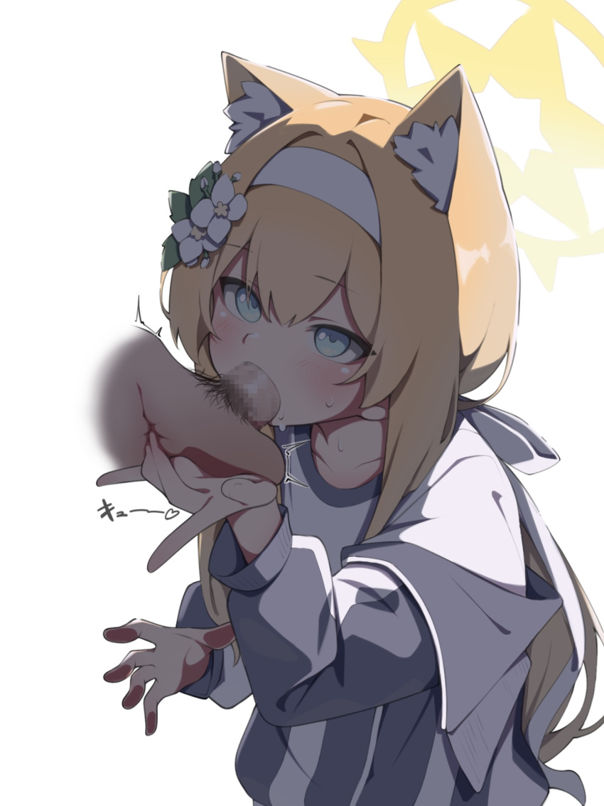 1boy 1girl anal anal_fingering animal_ear_fluff animal_ears blue_archive blue_eyes blue_jacket blush caressing_testicles censored collarbone commentary_request fellatio fingering flower fox_ears fox_girl gym_shirt gym_uniform hair_between_eyes hair_flower hair_ornament hair_ribbon hairband halo hetero highres jacket long_hair long_sleeves low_ponytail male_pubic_hair mari_(blue_archive) mari_(track)_(blue_archive) mosaic_censoring off_shoulder official_alternate_costume oral orange_hair paid_reward_available penis prostate_milking pubic_hair puffy_long_sleeves puffy_sleeves rarigo ribbon see-through shirt simple_background solo_focus testicles track_jacket upper_body white_background white_flower white_hairband white_ribbon white_shirt yellow_halo
