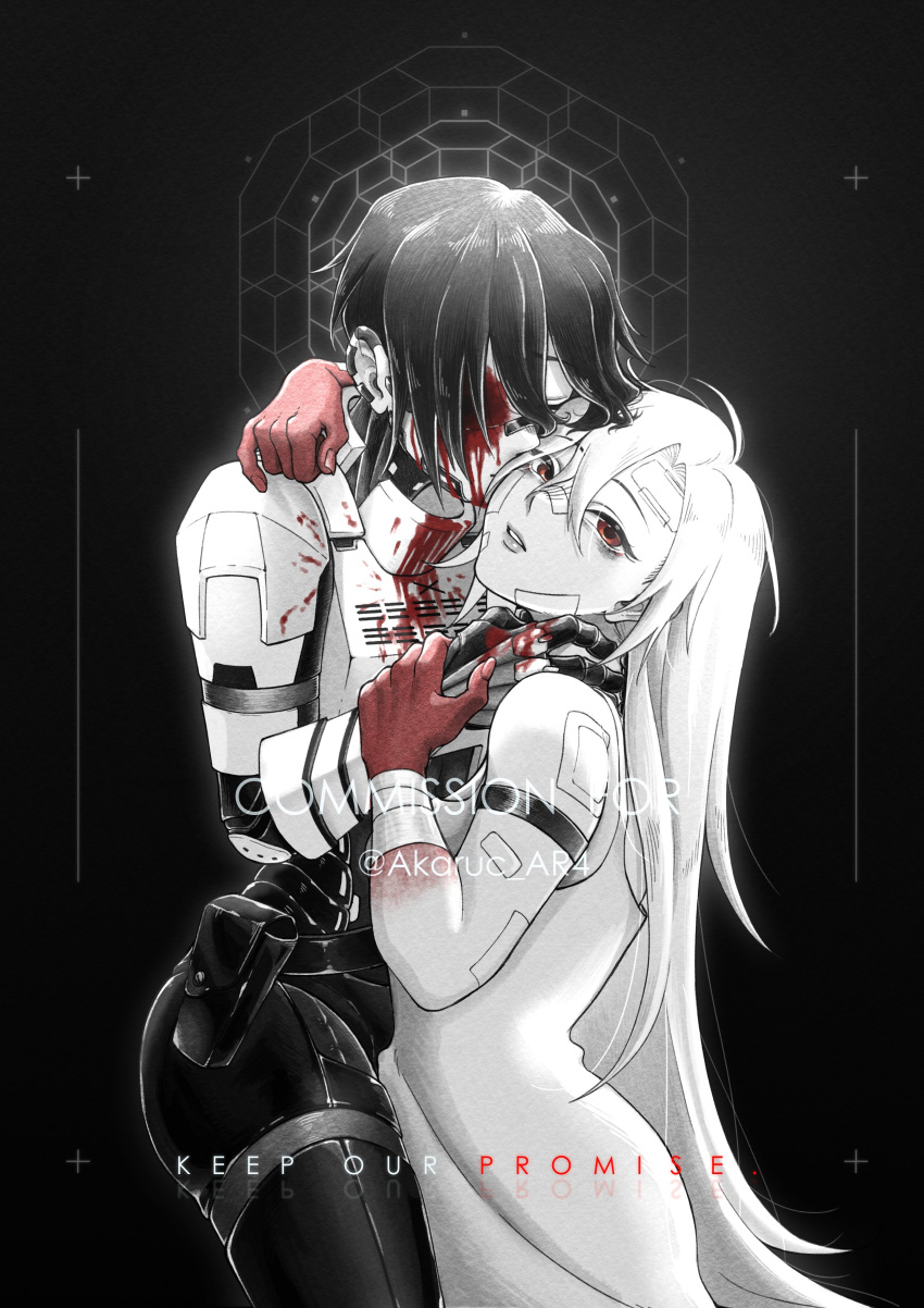 2girls absurdres android ariane_yeong black_hair blood closed_eyes cyberpunk elster_(signalis) highres injury joints kiss kissing_cheek looking_at_viewer mechanical_parts multiple_girls robot_joints science_fiction signalis spoilers too_many_bandaids yuri