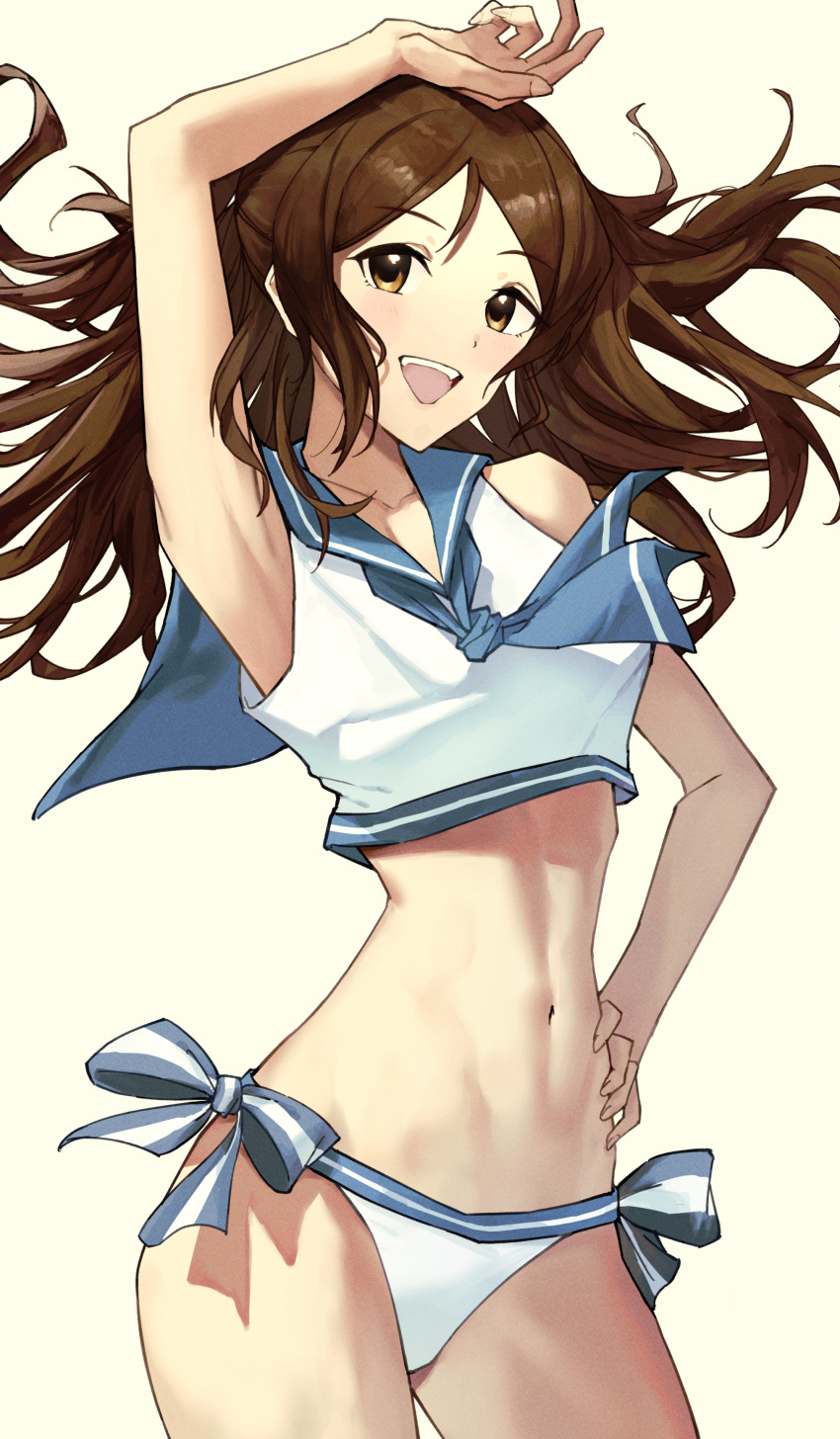 1girl absurdres alternate_costume arm_up armpits ayase_honoka blue_neckerchief blush breasts brown_hair collarbone commentary_request hand_on_own_hip highres idolmaster idolmaster_cinderella_girls linea_alba looking_at_viewer madoro_q medium_breasts navel neckerchief sailor_bikini sailor_collar sailor_swimsuit_(idolmaster) simple_background smile solo stomach