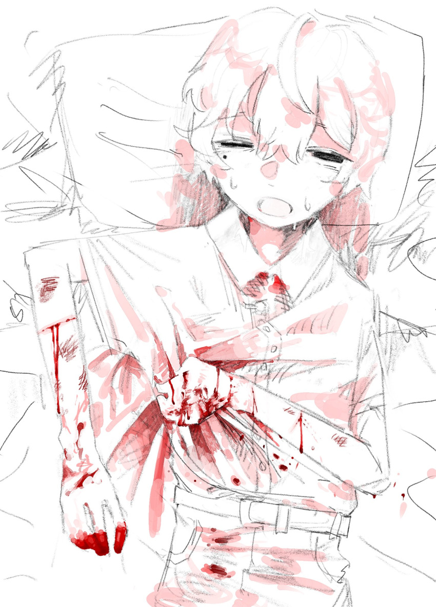 1other ambiguous_gender belt bleeding blood blood_on_arm blood_on_clothes blood_on_hands brutal_vap clutching_chest collared_shirt cowboy_shot cuts dress_shirt from_above half-closed_eyes head_on_pillow highres injury lineart mole mole_under_eye on_bed one_eye_closed open_mouth original pants shirt shirt_tucked_in short_hair short_sleeves spot_color sweat