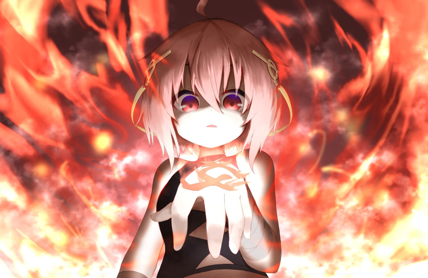 1girl ahoge argyle argyle_cutout bandaged_arm bandages bare_shoulders clothing_cutout crop_top fiery_background fire fudou_yukimitsu_(tenka_hyakken) glowing_tattoo hair_ornament hand_tattoo hand_up highres mikanbako320 parted_lips pink_eyes pink_hair short_hair solo tattoo tenka_hyakken underlighting upper_body