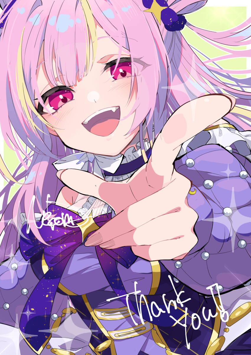 1girl absurdres blonde_hair bow commission highres multicolored_hair nekoma_hikaru open_mouth original pink_eyebrows pink_eyes pink_hair pixiv_commission pointing pointing_at_viewer purple_bow selfie smile solo teeth two-tone_hair upper_teeth_only yellow_background