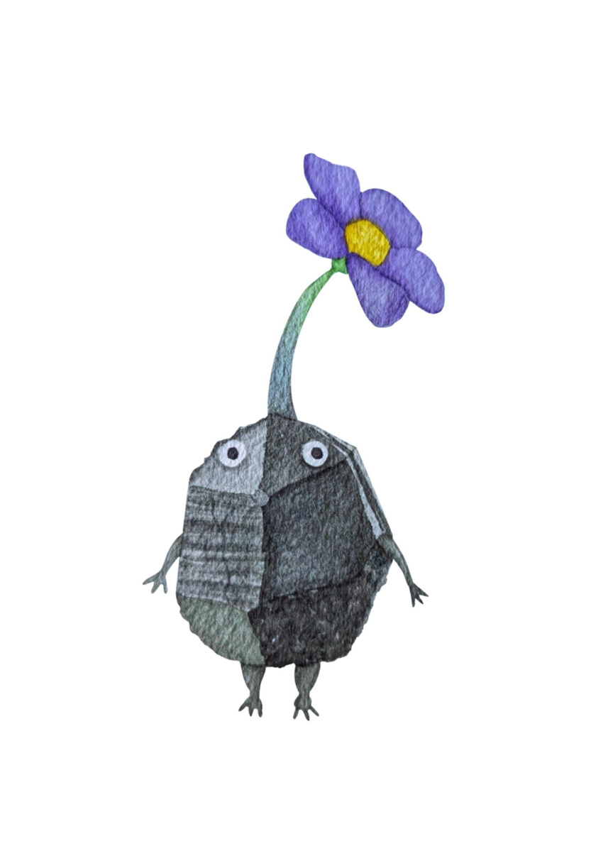 3_fingers 3_toes ambiguous_gender elemental_creature feet feral fingers flora_fauna flower grey_body hi_res mineral_fauna nintendo painting_(artwork) pikmin pikmin_(species) plant rock rock_creature rock_pikmin shaded simple_background solo toes traditional_media_(artwork) u/smudged14 watercolor_(artwork) white_background