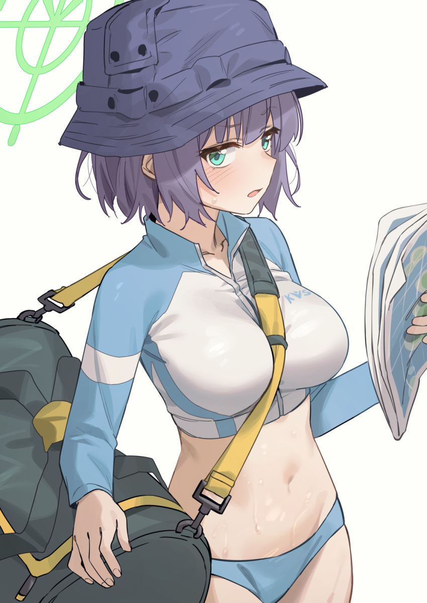 1girl bag between_breasts bikini black_hair blue_archive blue_bikini breasts bucket_hat carrying_bag collarbone duffel_bag green_eyes halo hat highres holding holding_map large_breasts light_blush long_sleeves looking_at_viewer map medium_hair navel open_mouth raglan_sleeves rimori22 saki_(blue_archive) saki_(swimsuit)_(blue_archive) simple_background solo standing strap_between_breasts swimsuit white_background